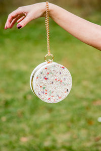 White Round Clutch with Pink Stones