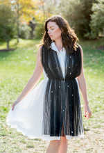 Load image into Gallery viewer, Carrie Dress with Black Tulle Overlay and Pearl studs