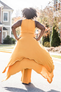 Mustard Pantsuit with Peplum Skirt