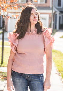 Rose High Neck Ruffled Tank