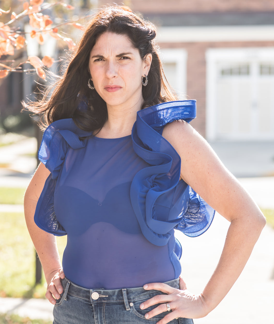 Blue Sheer Tank With Ruffle Sleeves