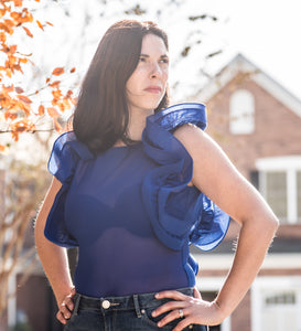 Blue Sheer Tank With Ruffle Sleeves